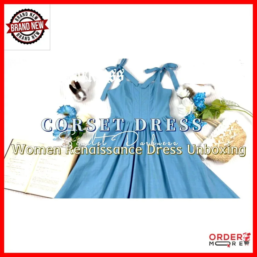 Renaissance Corset Dress Cottagecore Sundress Square Neck Flared A-Line - Picture 7 of 7